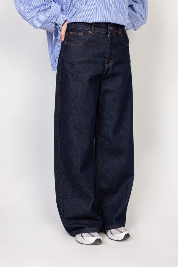 Bol Paça Koyu Renk Denim Pantolon - Resim 3